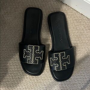 Tory Burch Black Slides with Gold Logo